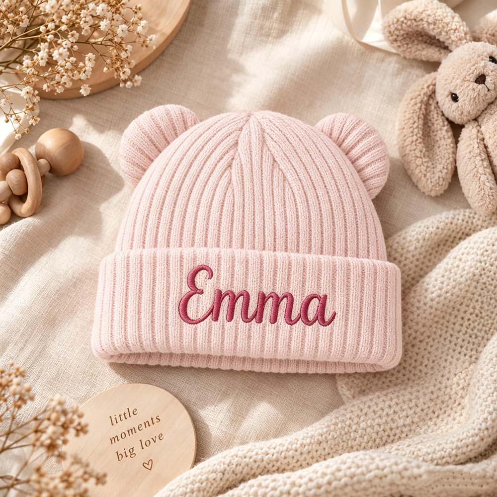 Personalized Embroidered Kids Bear Ear Knit Hat | HSKid96