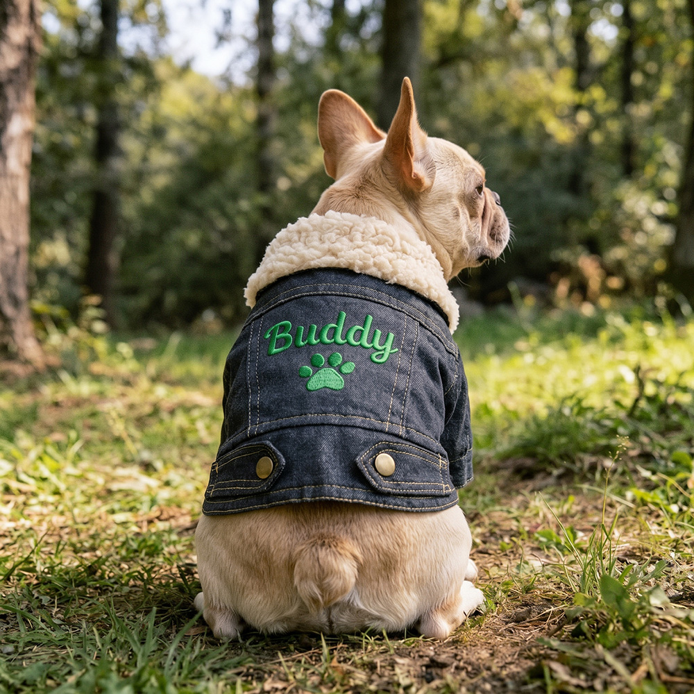 Personalized Hand Embroidered Fleece-Lined Denim Dog Jacket | BKPet607