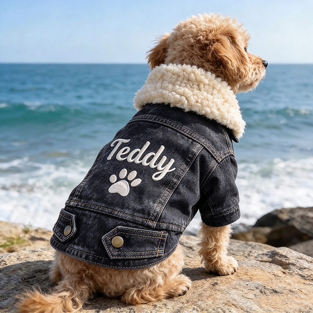 Personalized Embroidered Pet Winter Warm Fleece Denim Jacket | BKPet607