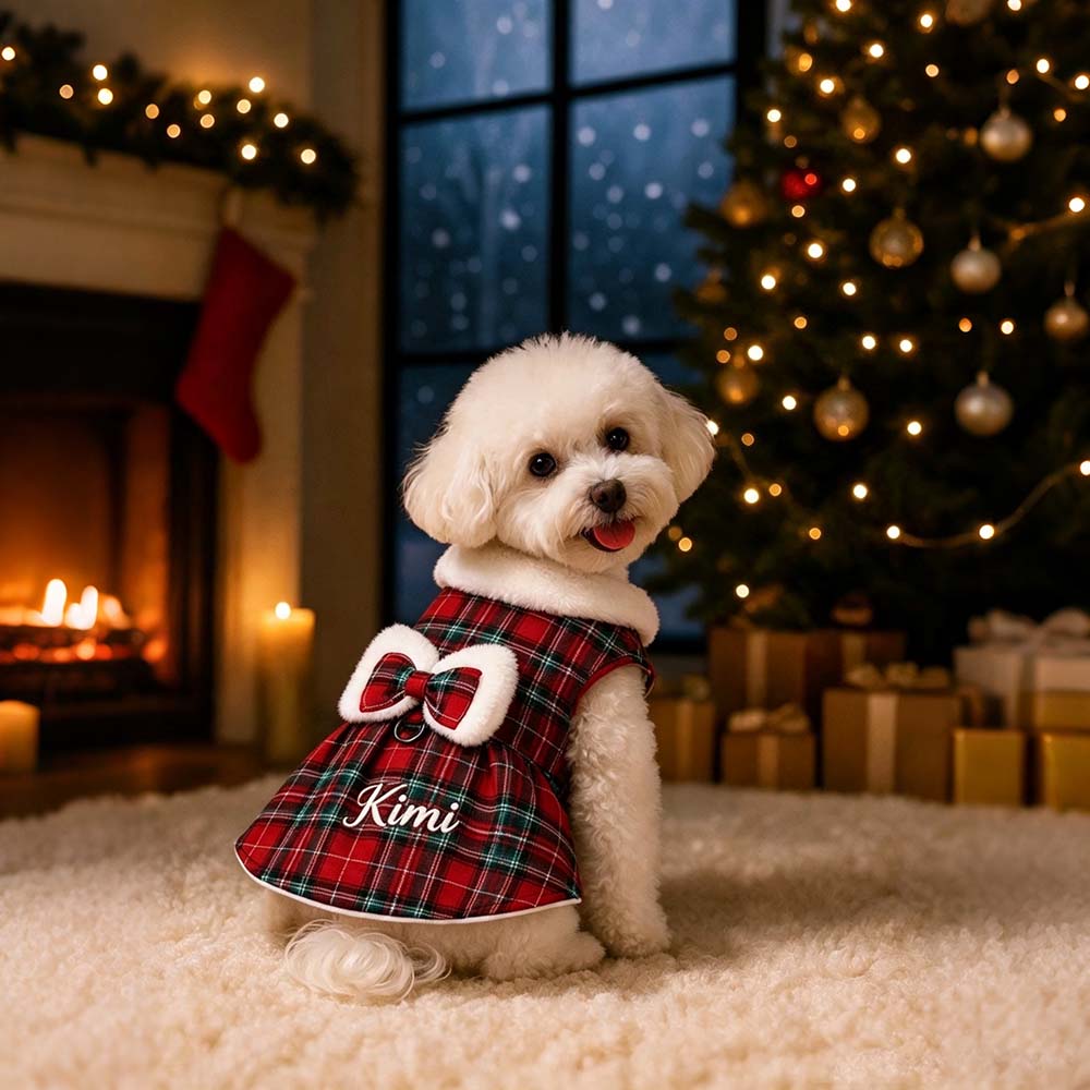 Personalized Embroidered Christmas Pet Plaid Dress | MCGift434