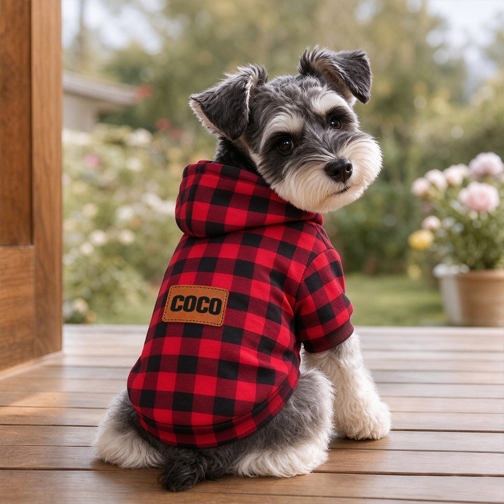 Personalized Pets Colorful Plaid Hoodie with Leather Patch | BKPet616