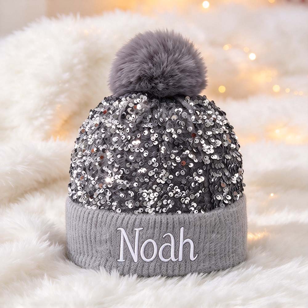 Personalized Embroidered Kids Sequin Pom Pom Hat | MNKid14