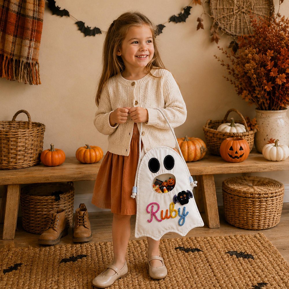 Personalized Hand Embroidery Ghost Drawstring Trick Or Treat Bag | MNHalloween18
