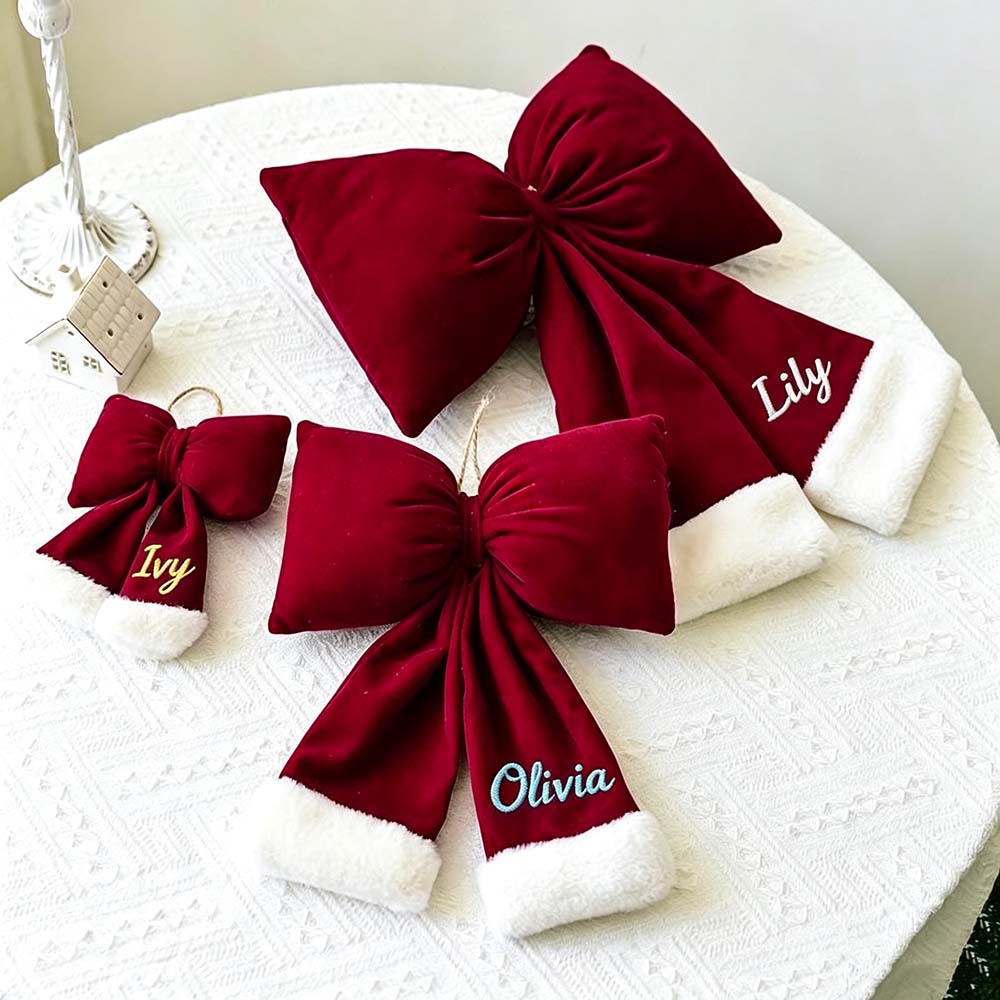 Personalized Velvet Christmas Bow Ornament With Furry Trim | MCGift384
