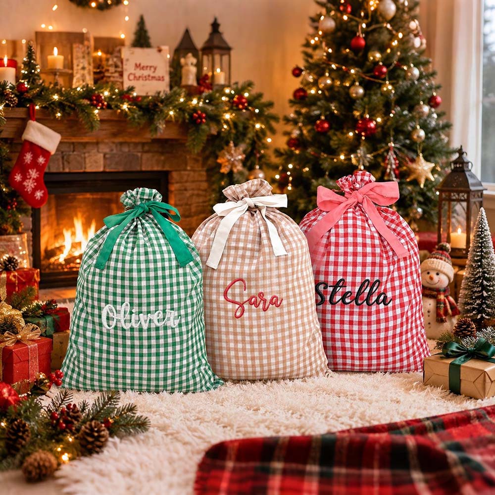 Personalized Embroidered Gingham Santa Gift Bag | MCGift391