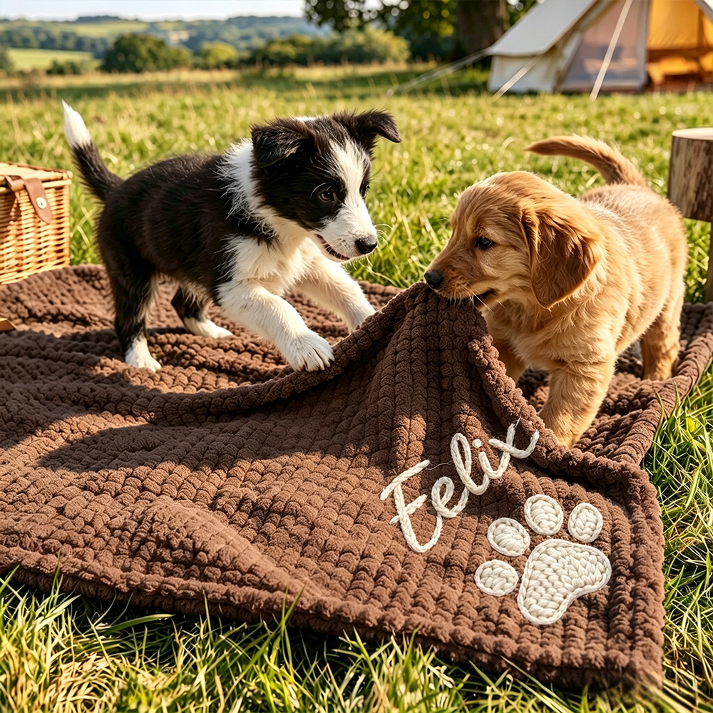 Personalized Hand Embroidered Puppy Blanket with Name & Paw Print | MNHome106