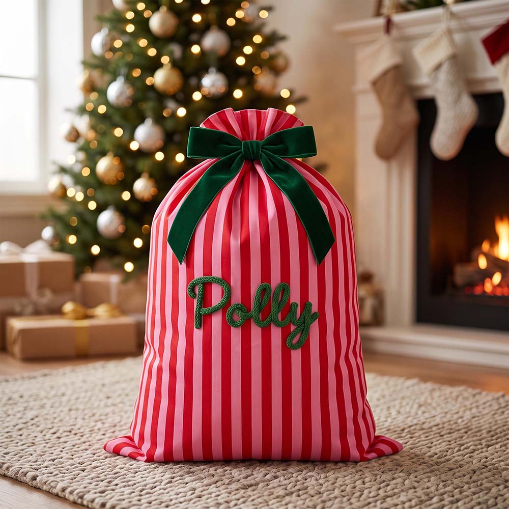 Personalized Hand Embroidered Striped Christmas Gift Sack | MNGift39