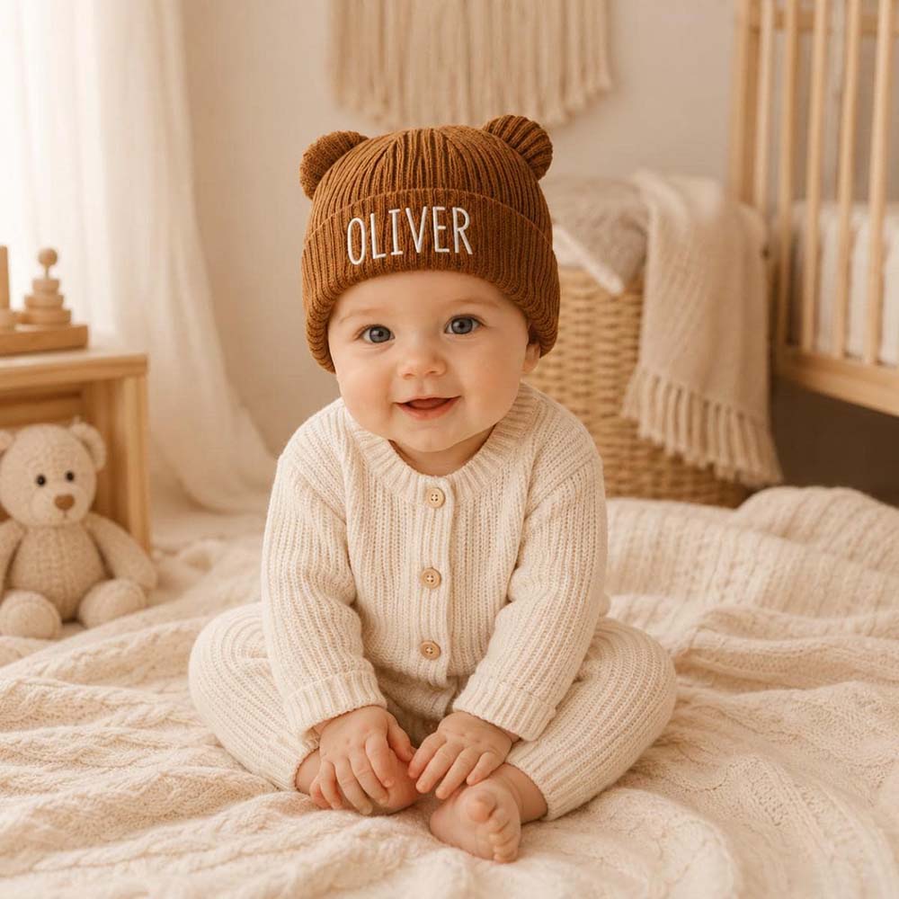 Personalized Embroidered Kids Bear Ear Knit Hat | HSKid96
