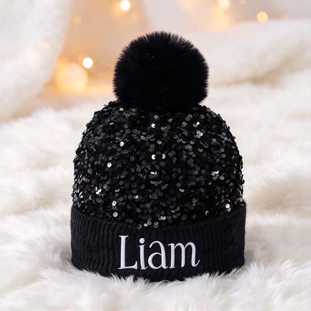 Personalized Embroidered Kids Sequin Pom Pom Hat | MNKid14