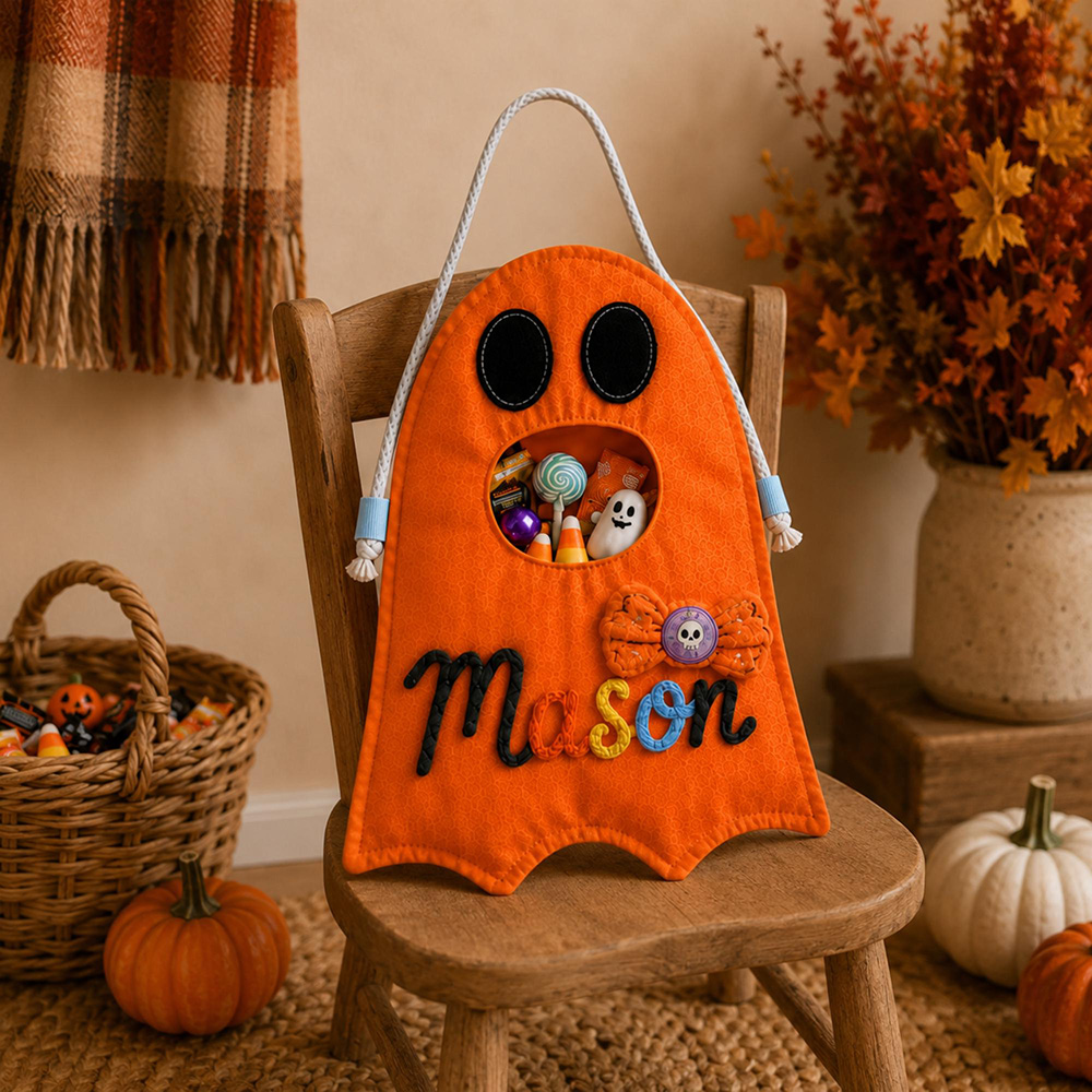 Personalized Hand Embroidery Ghost Drawstring Trick Or Treat Bag | MNHalloween18