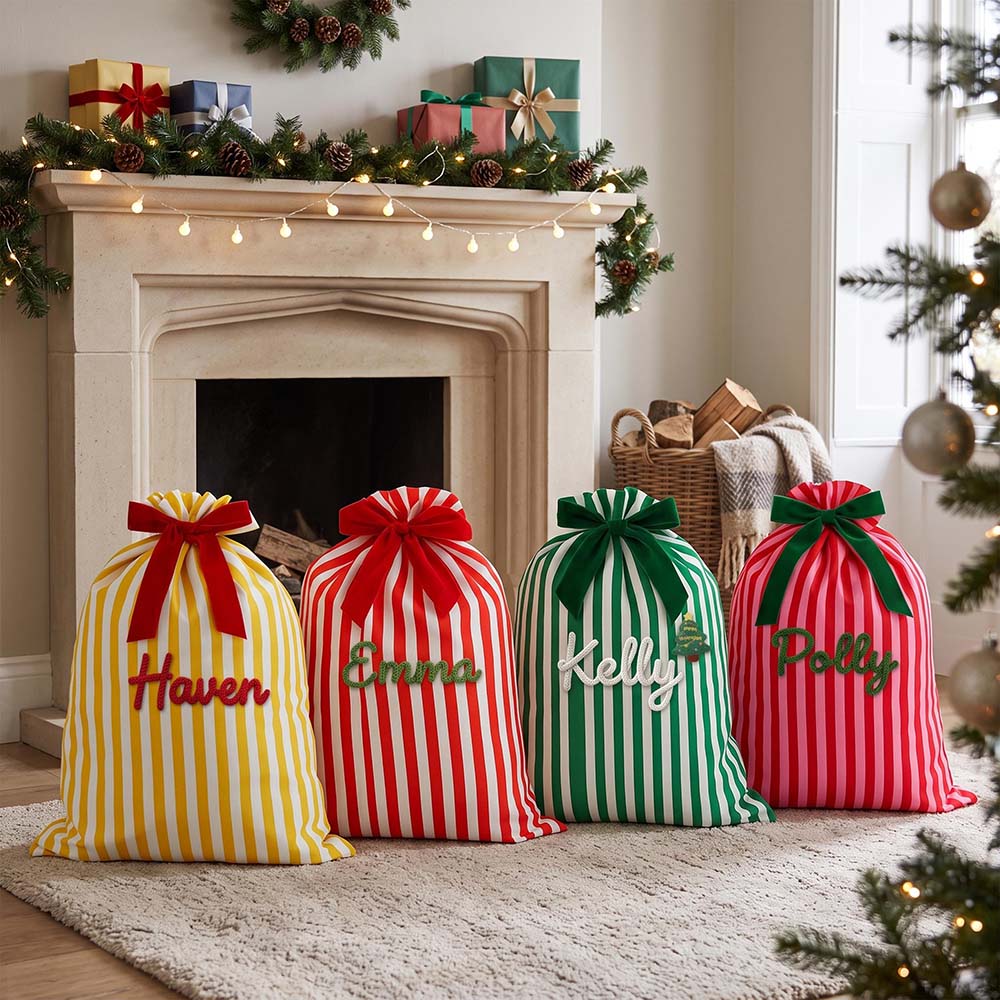 Personalized Hand Embroidered Striped Christmas Gift Sack | MNGift39
