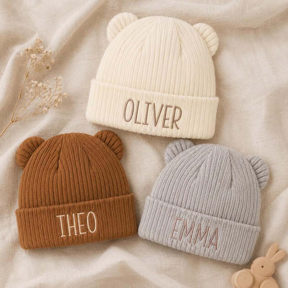 Personalized Embroidered Kids Bear Ear Knit Hat | HSKid96