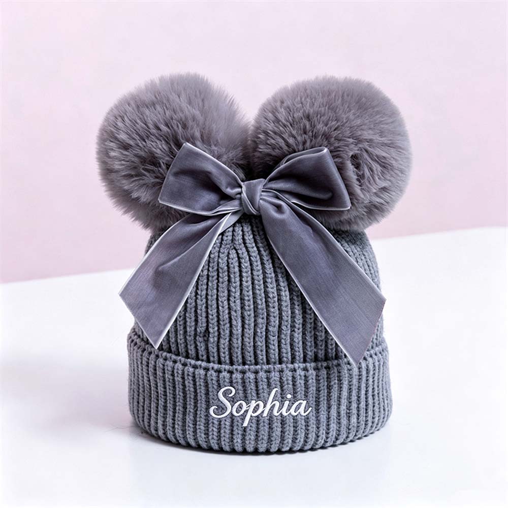 Personalized Embroidered Baby Pom Pom Hat with Bow | HSKid85