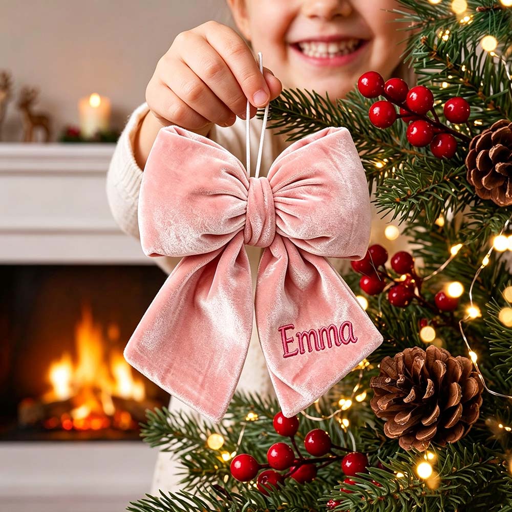 Personalized Velvet Christmas Bow Ornament Without Furry Trim | MCGift383