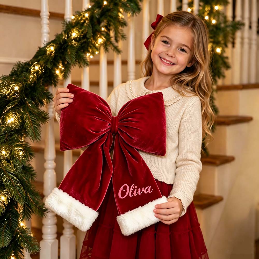 Personalized Velvet Christmas Bow Ornament With Furry Trim | MCGift384