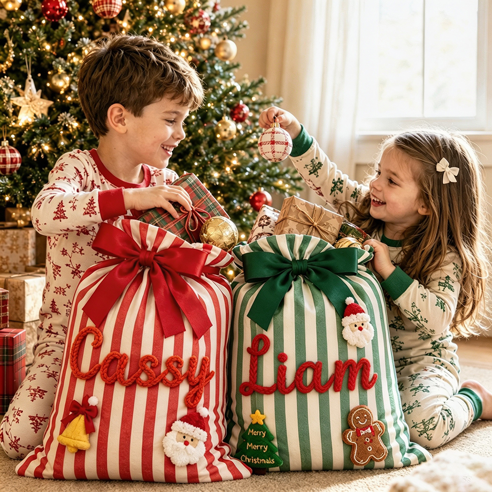 Personalized Hand Embroidered Striped Christmas Gift Sack | MNGift39