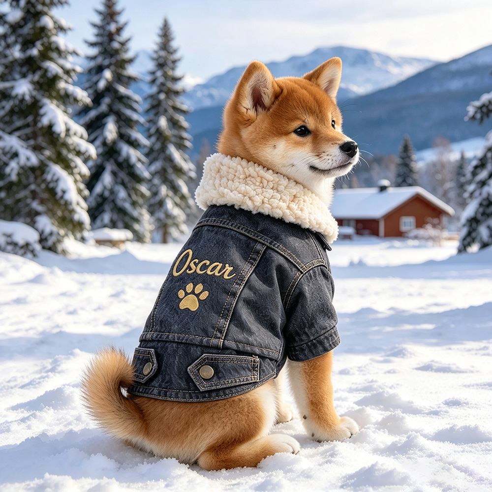 Personalized Hand Embroidered Fleece-Lined Denim Dog Jacket | BKPet607