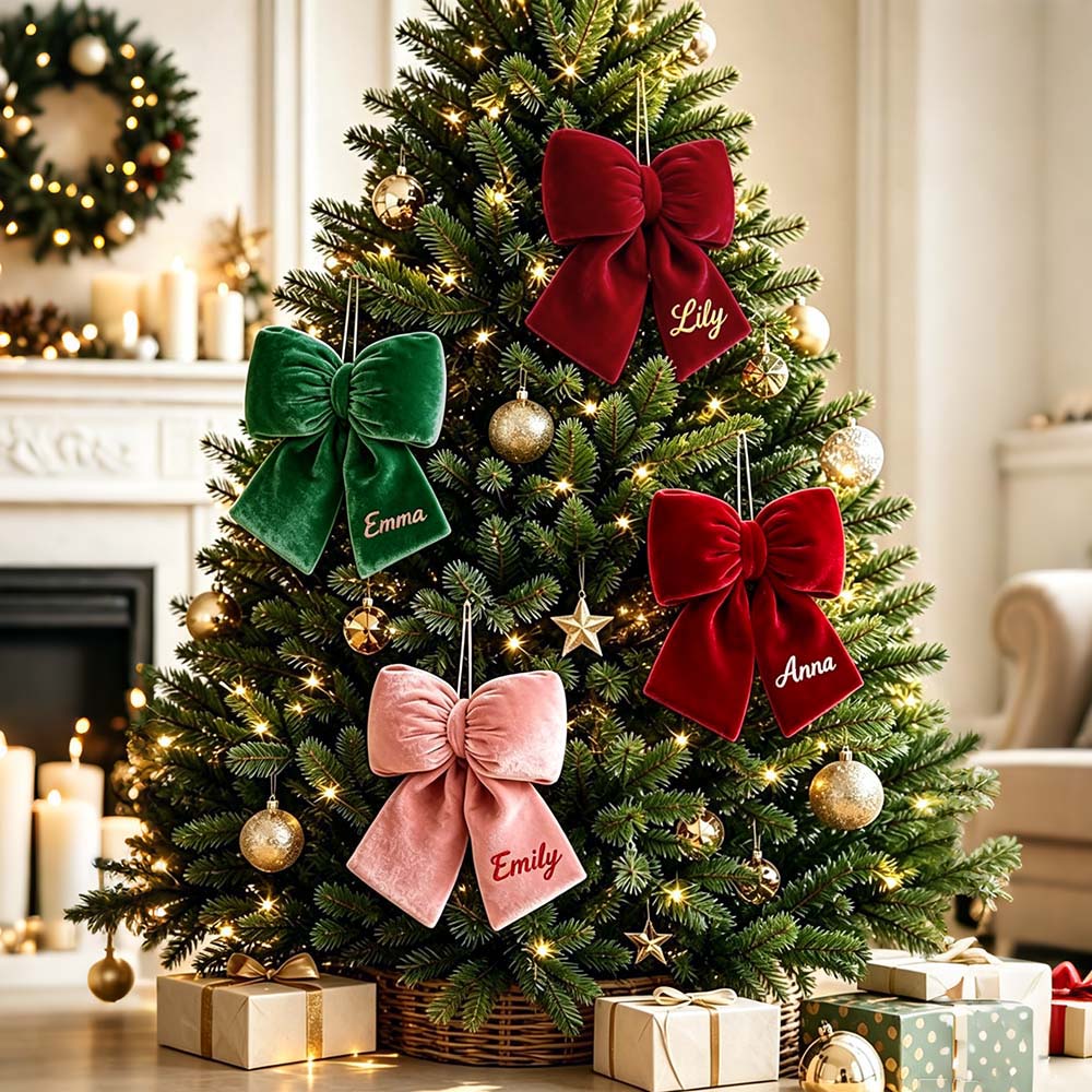 Personalized Velvet Christmas Bow Ornament Without Furry Trim | MCGift383