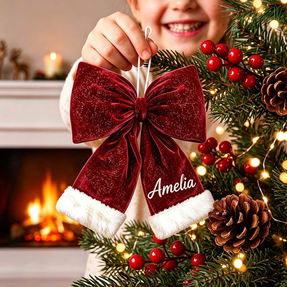 Personalized Velvet Christmas Bow Ornament With Furry Trim | MCGift384