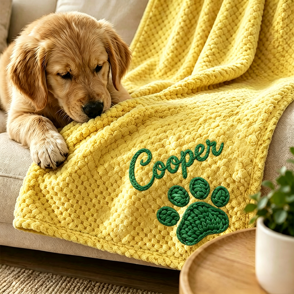 Personalized Hand Embroidered Puppy Blanket with Name & Paw Print | MNHome106