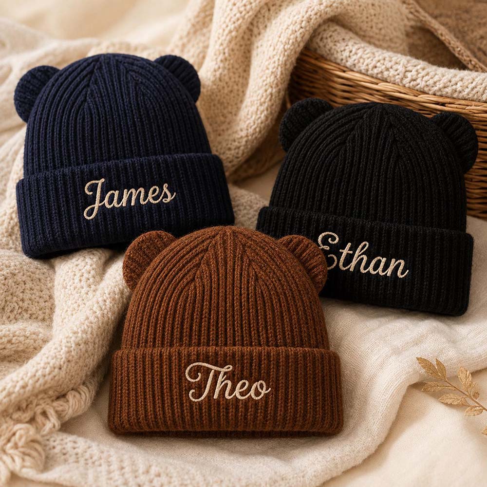 Personalized Embroidered Kids Bear Ear Knit Hat | HSKid96
