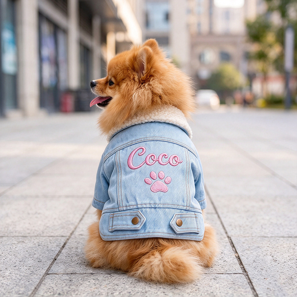 Personalized Hand Embroidered Fleece-Lined Denim Dog Jacket | BKPet607