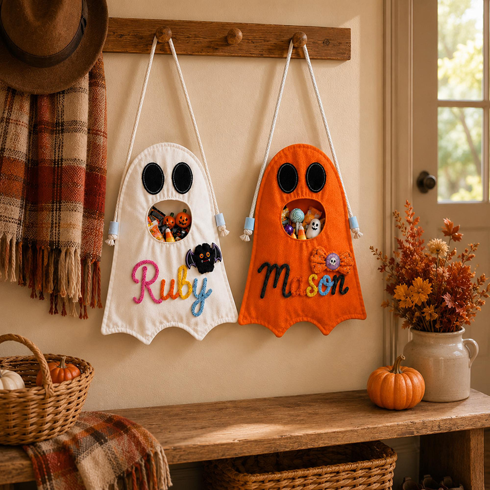 Personalized Hand Embroidery Ghost Drawstring Trick Or Treat Bag | MNHalloween18