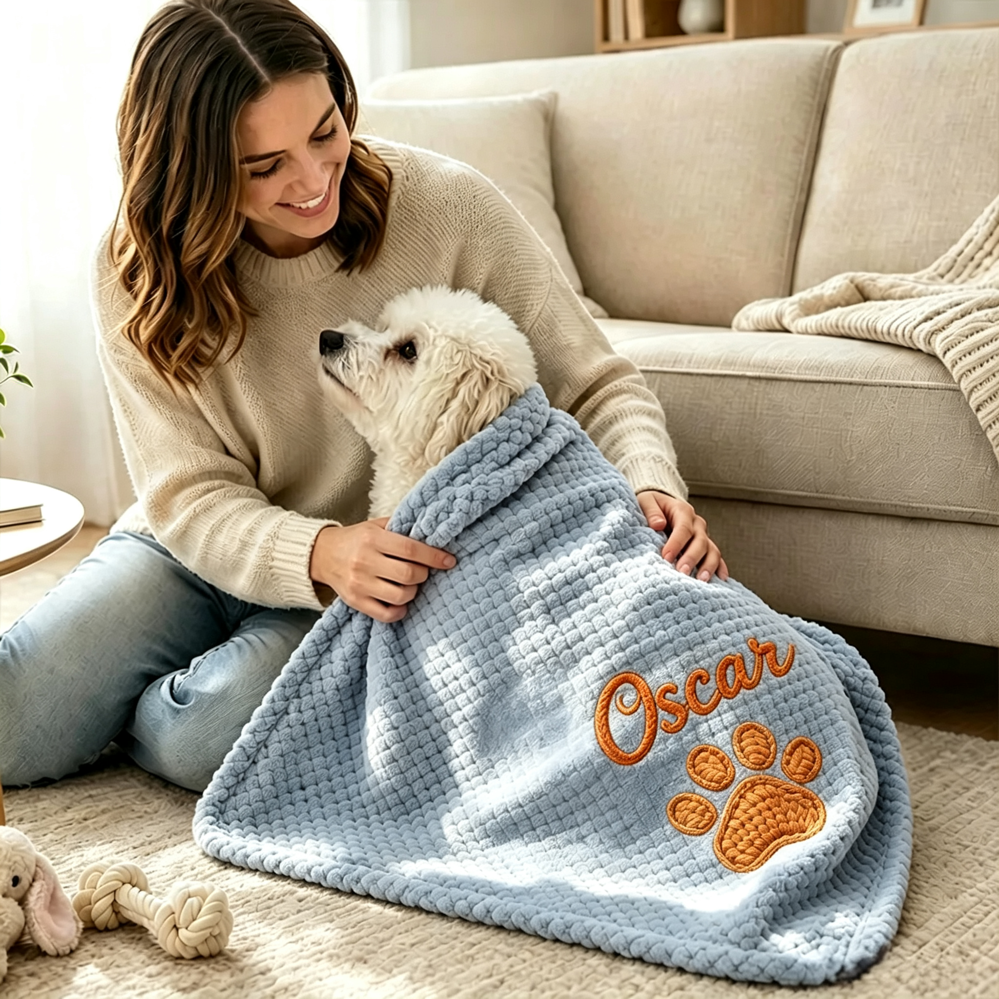 Personalized Hand Embroidered Puppy Blanket with Name & Paw Print | MNHome106