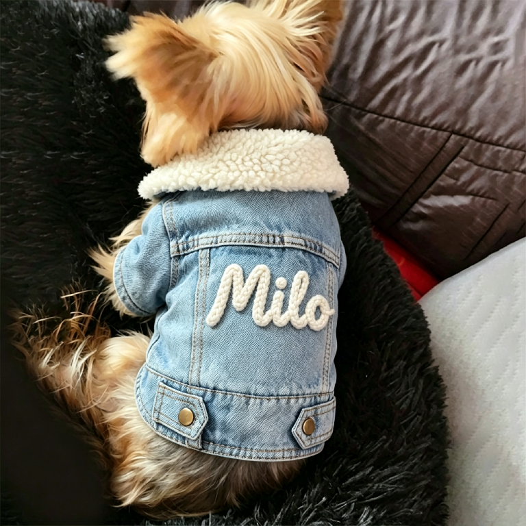 Personalized Name Sherpa Collar Denim Dog Jacket | MNCloth22601