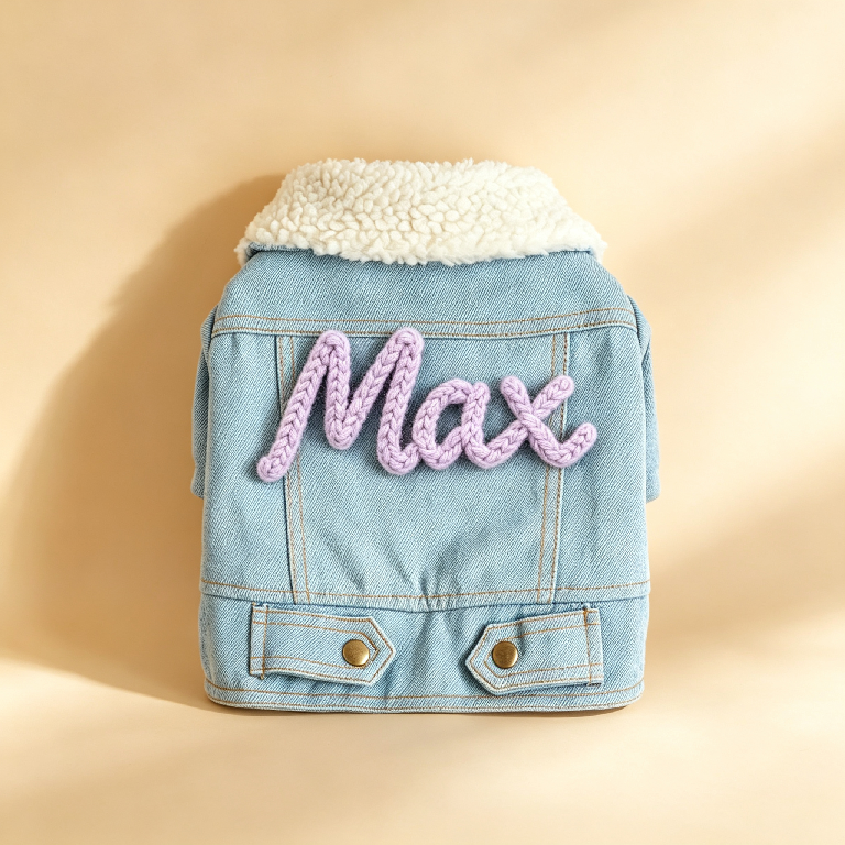 Personalized Name Sherpa Collar Denim Dog Jacket | MNCloth22601