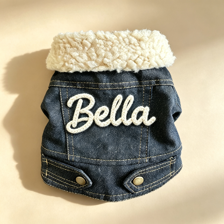 Personalized Name Sherpa Collar Denim Dog Jacket | MNCloth22601