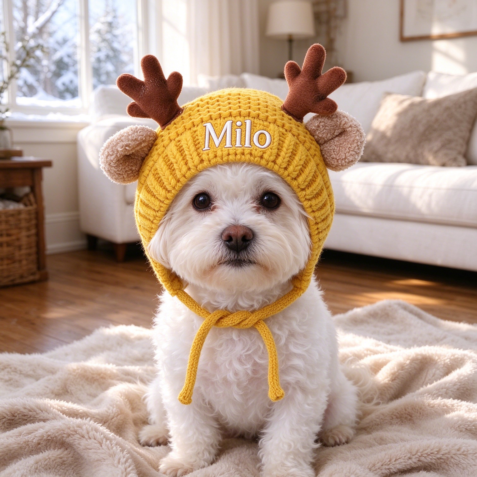Personalized Embroidered Pet Winter Crochet Antlers Beanie | MNAccs129