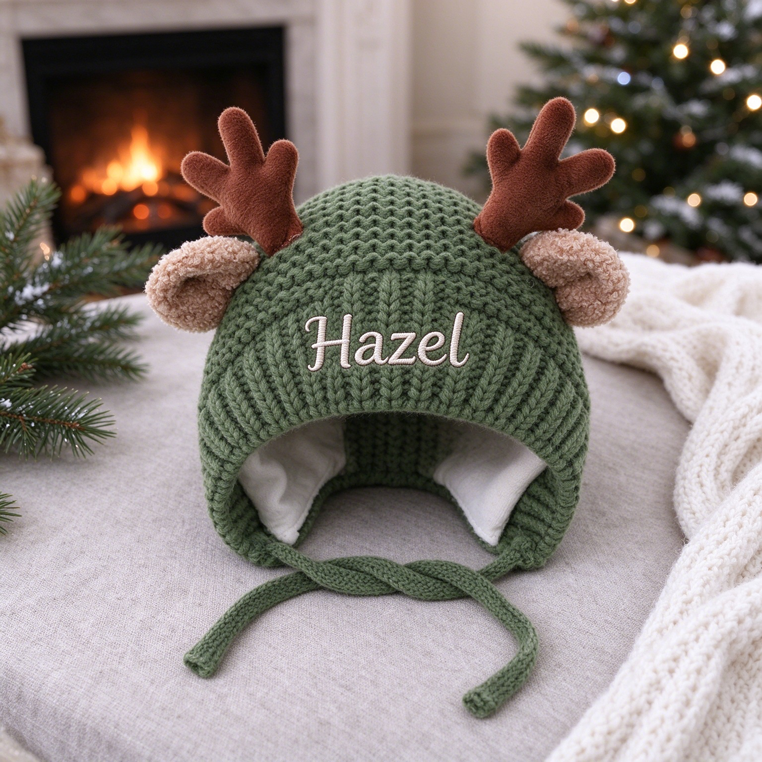 Personalized Embroidered Pet Winter Crochet Antlers Beanie | MNAccs129