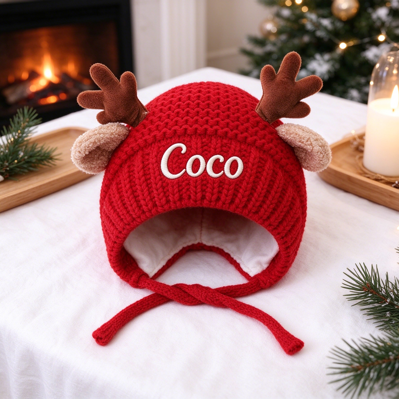 Personalized Embroidered Pet Winter Crochet Antlers Beanie | MNAccs129