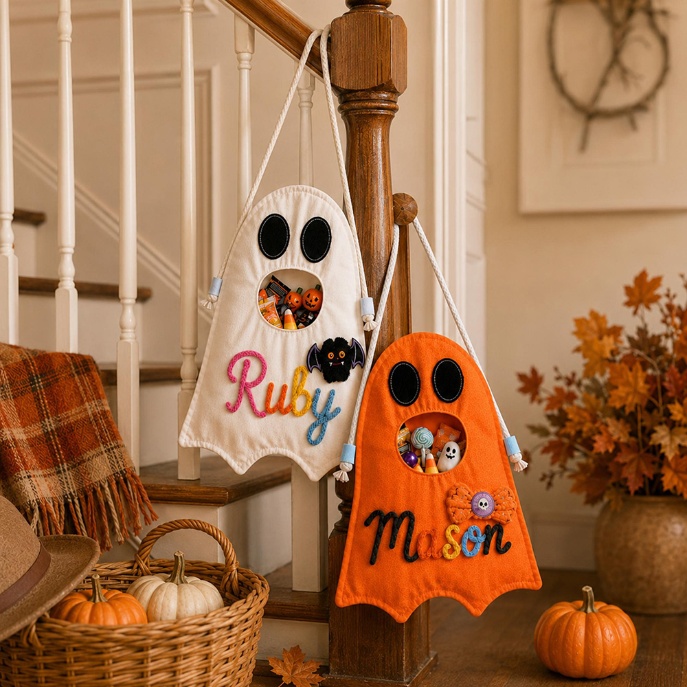 Personalized Hand Embroidery Ghost Drawstring Trick Or Treat Bag | MNHalloween18