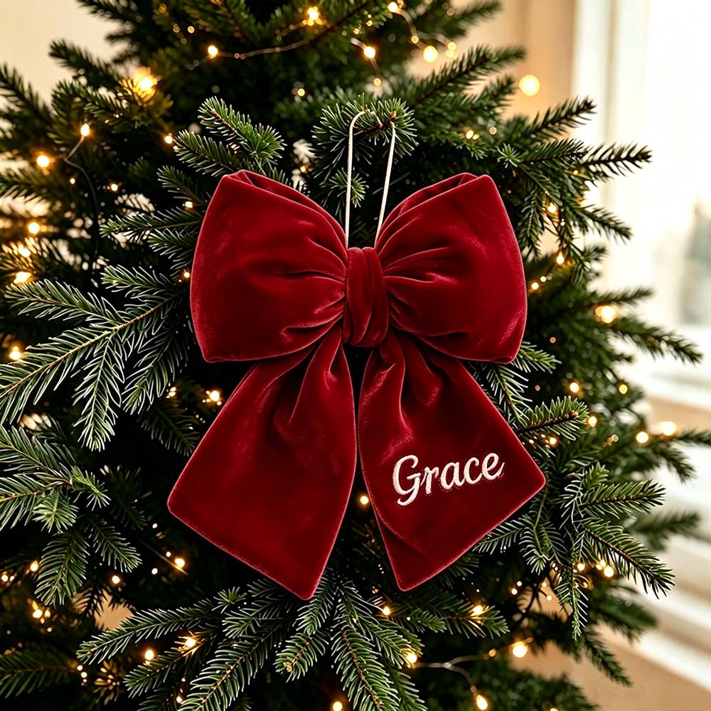 Personalized Velvet Christmas Bow Ornament Without Furry Trim | MCGift383
