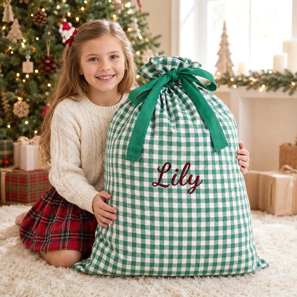 Personalized Embroidered Gingham Santa Gift Bag | MCGift391