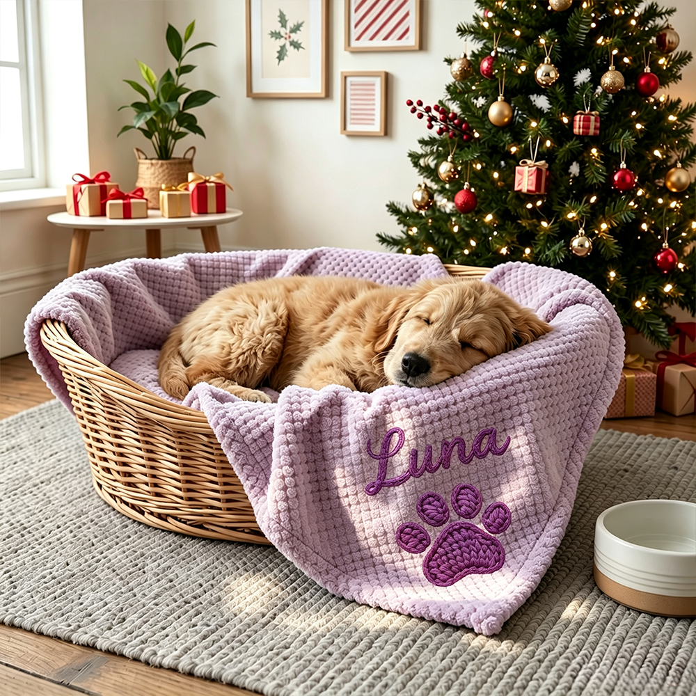 Personalized Hand Embroidered Puppy Blanket with Name & Paw Print | MNHome106