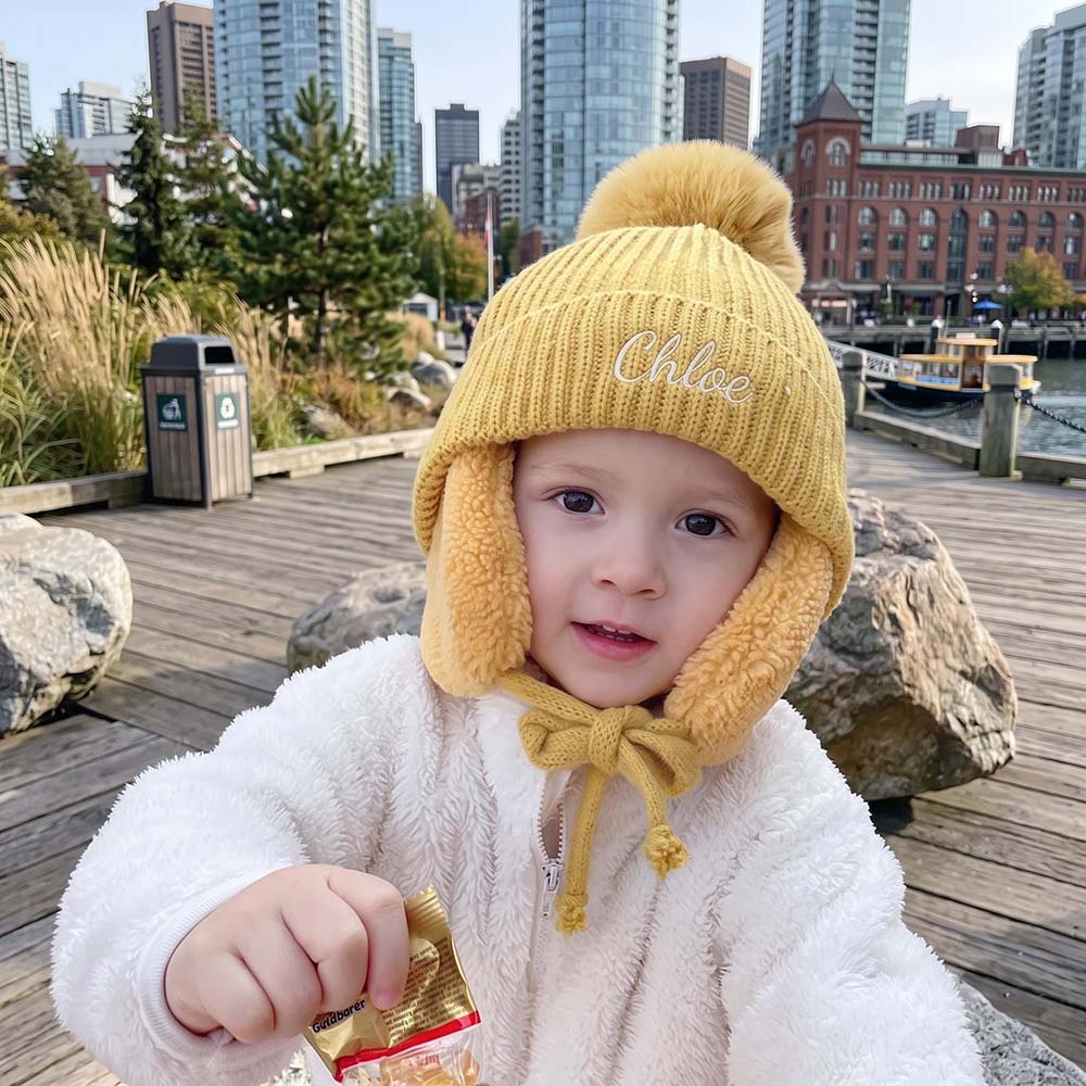 Personalized Embroidered Kids Winter Hat With Ear Flaps & Pom Pom | MNKid11