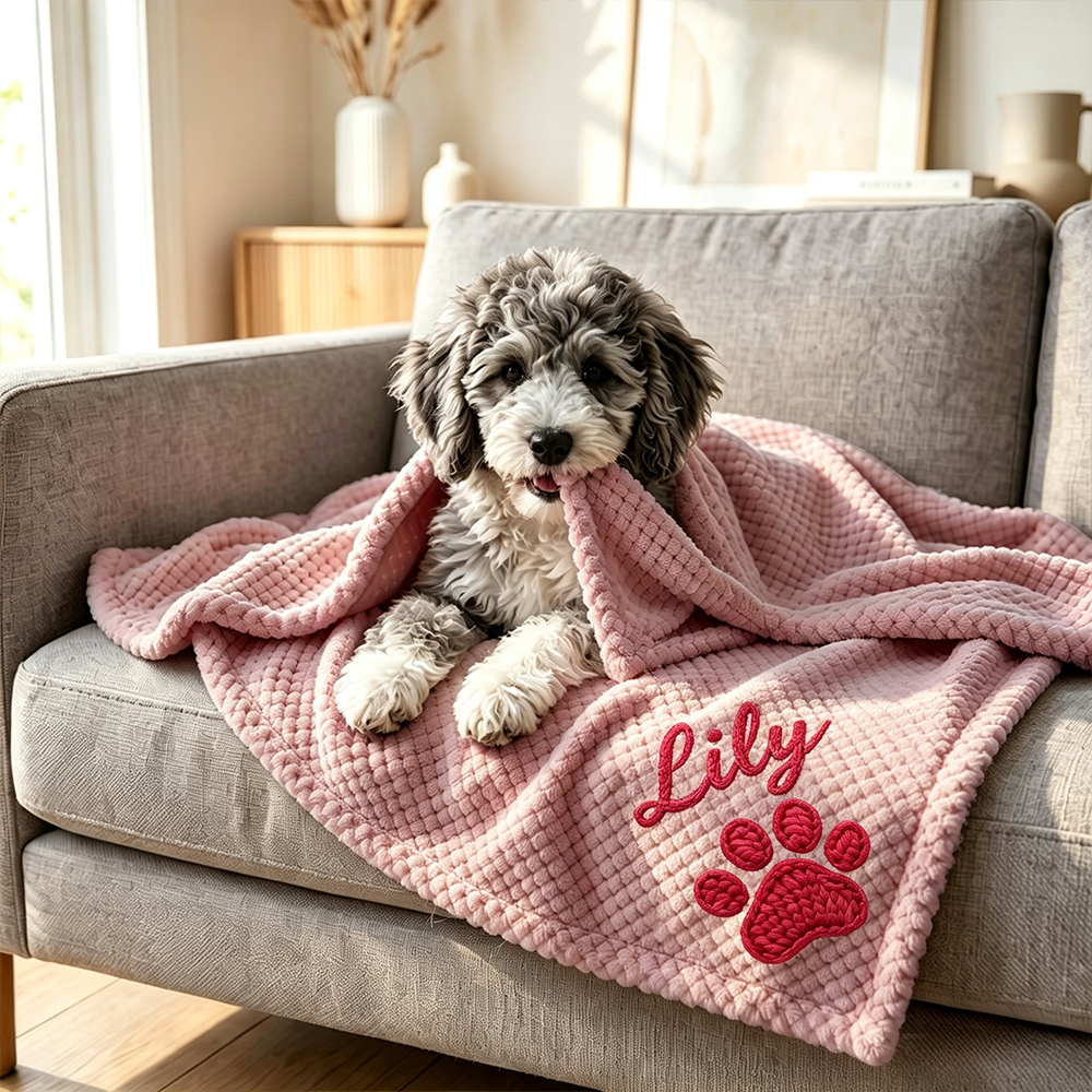 Personalized Hand Embroidered Puppy Blanket with Name & Paw Print | MNHome106