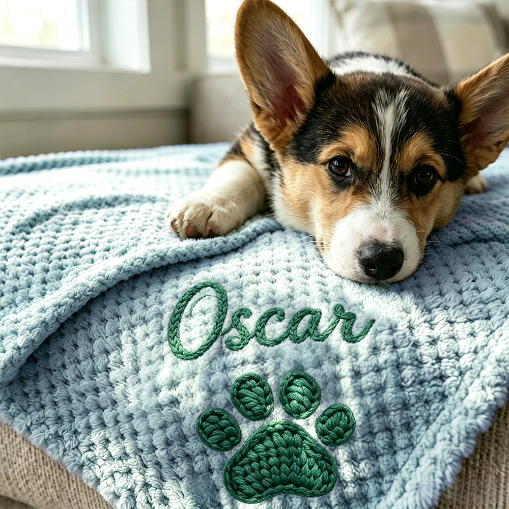 Personalized Hand Embroidered Puppy Blanket with Name & Paw Print | MNHome106