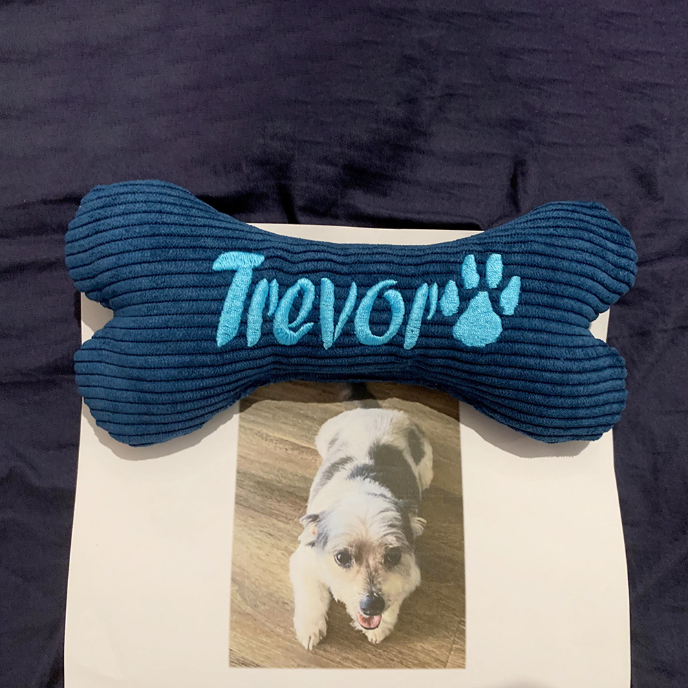 Personalized Embroidered Corduroy Puppy Bone Squeaker Toy | BKPet257