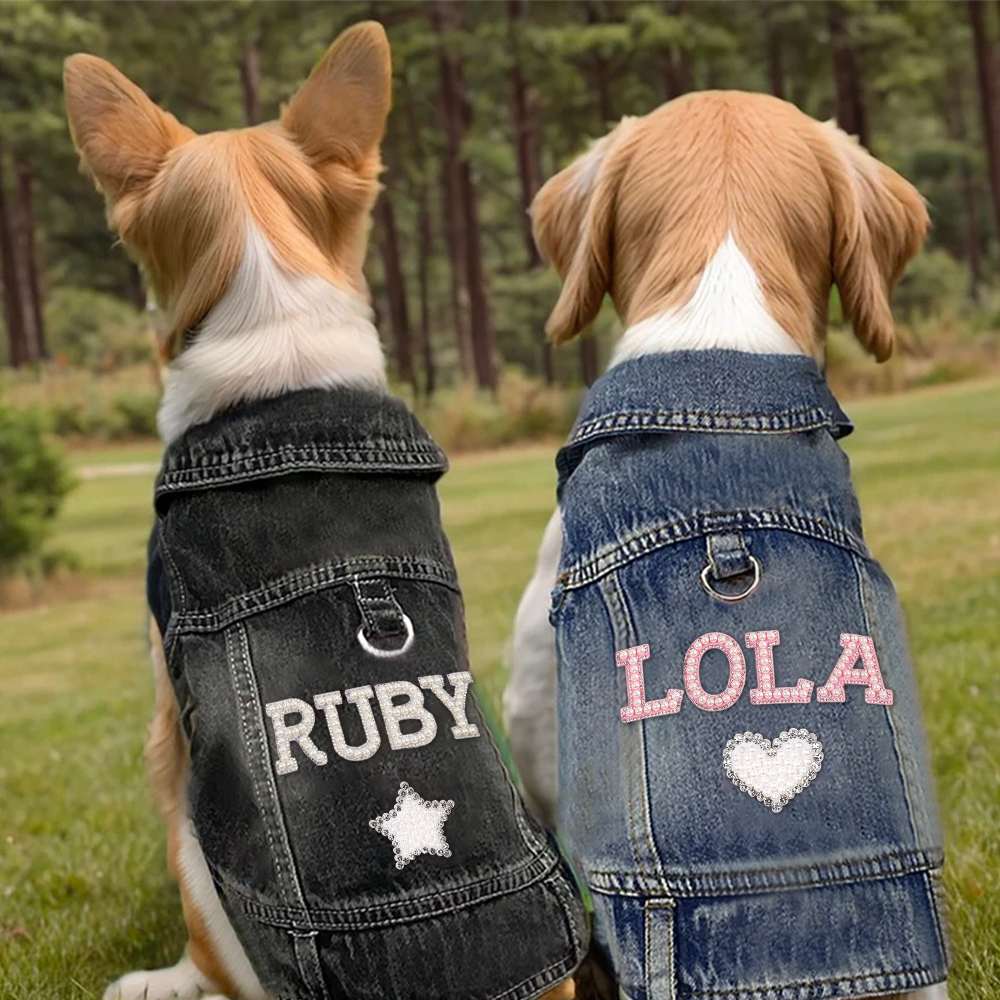 Personalized Handmade Pearl Patch Pets Denim Jacket | BKPet2602