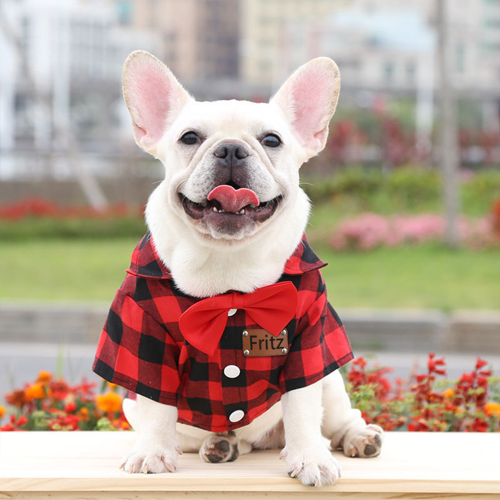 Personalized Pet Leather Patch Grid Patterned Necktie Shirt | BKPet224