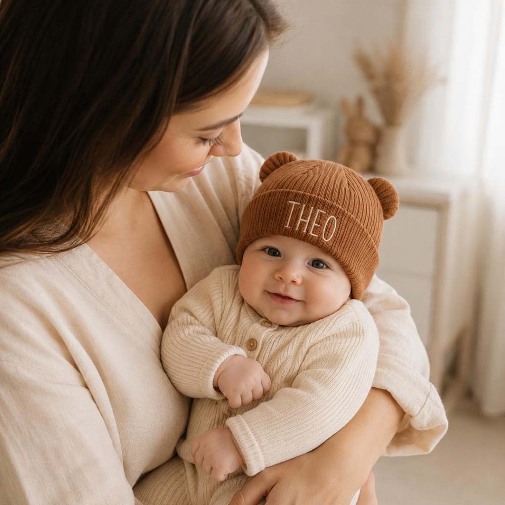 Personalized Embroidered Kids Bear Ear Knit Hat | HSKid96