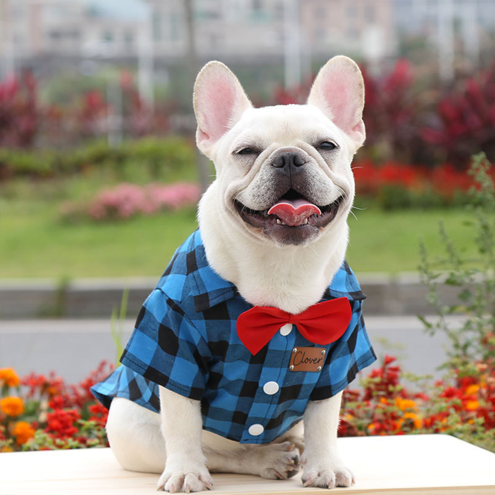 Personalized Pet Leather Patch Grid Patterned Necktie Shirt | BKPet224
