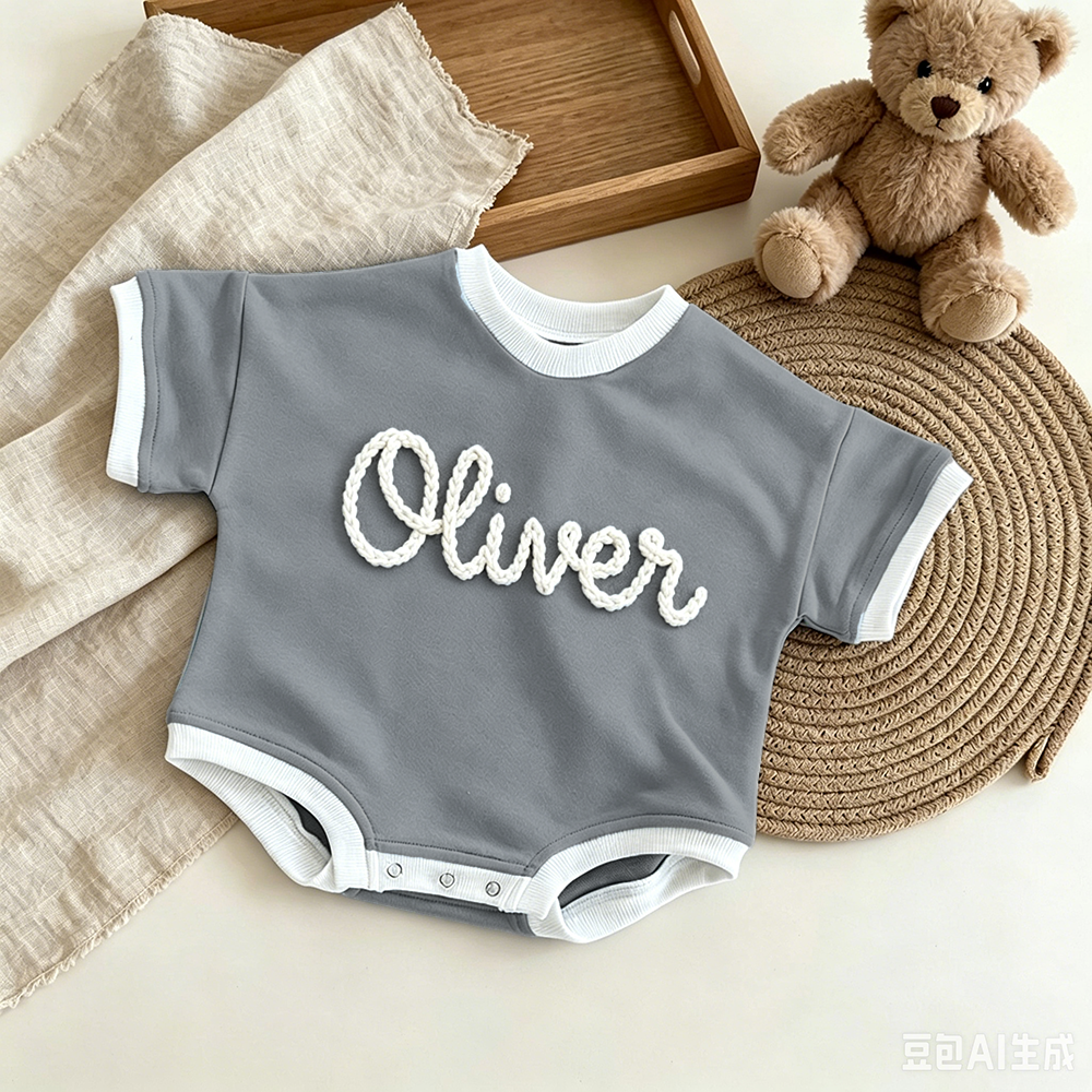 Personalized Hand Embroidered Short Sleeve Baby Bubble Romper | MNBaby01