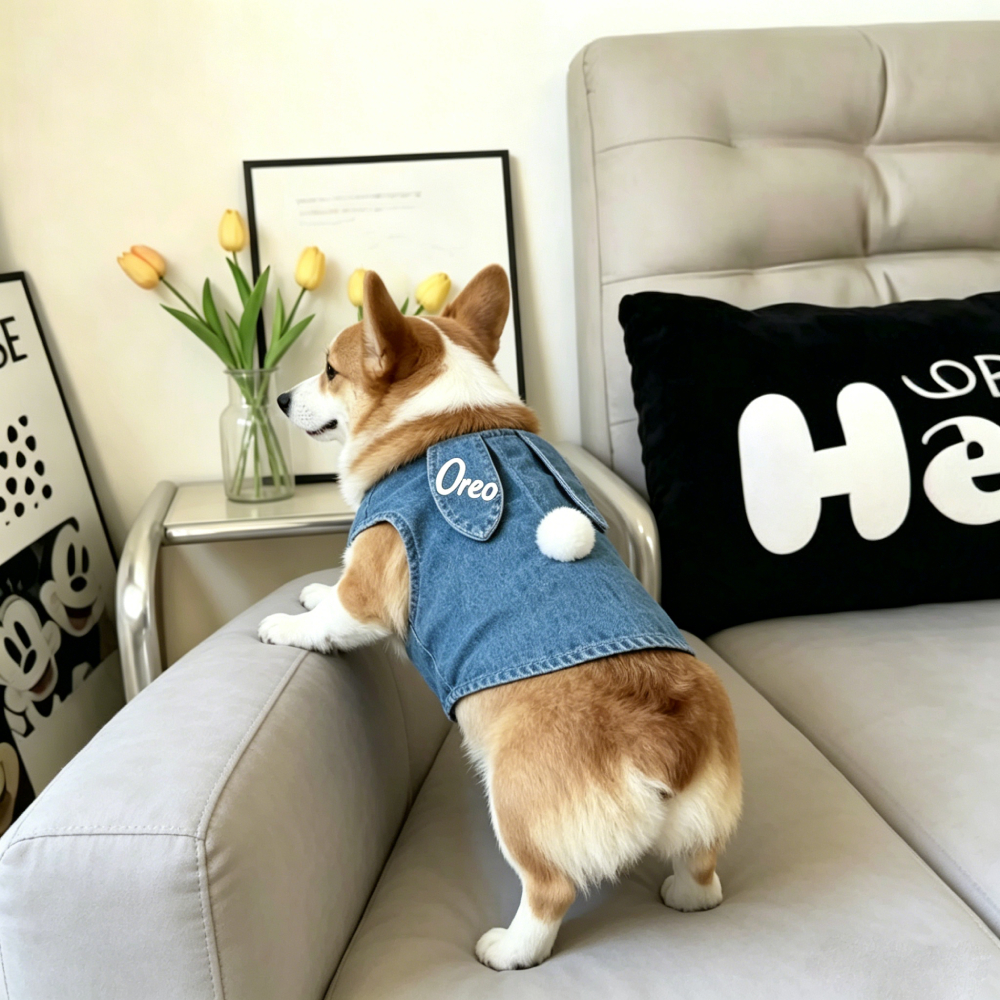 Personalized Embroidered Cute Bunny-Ear Denim Dog Vest | MNCloth219