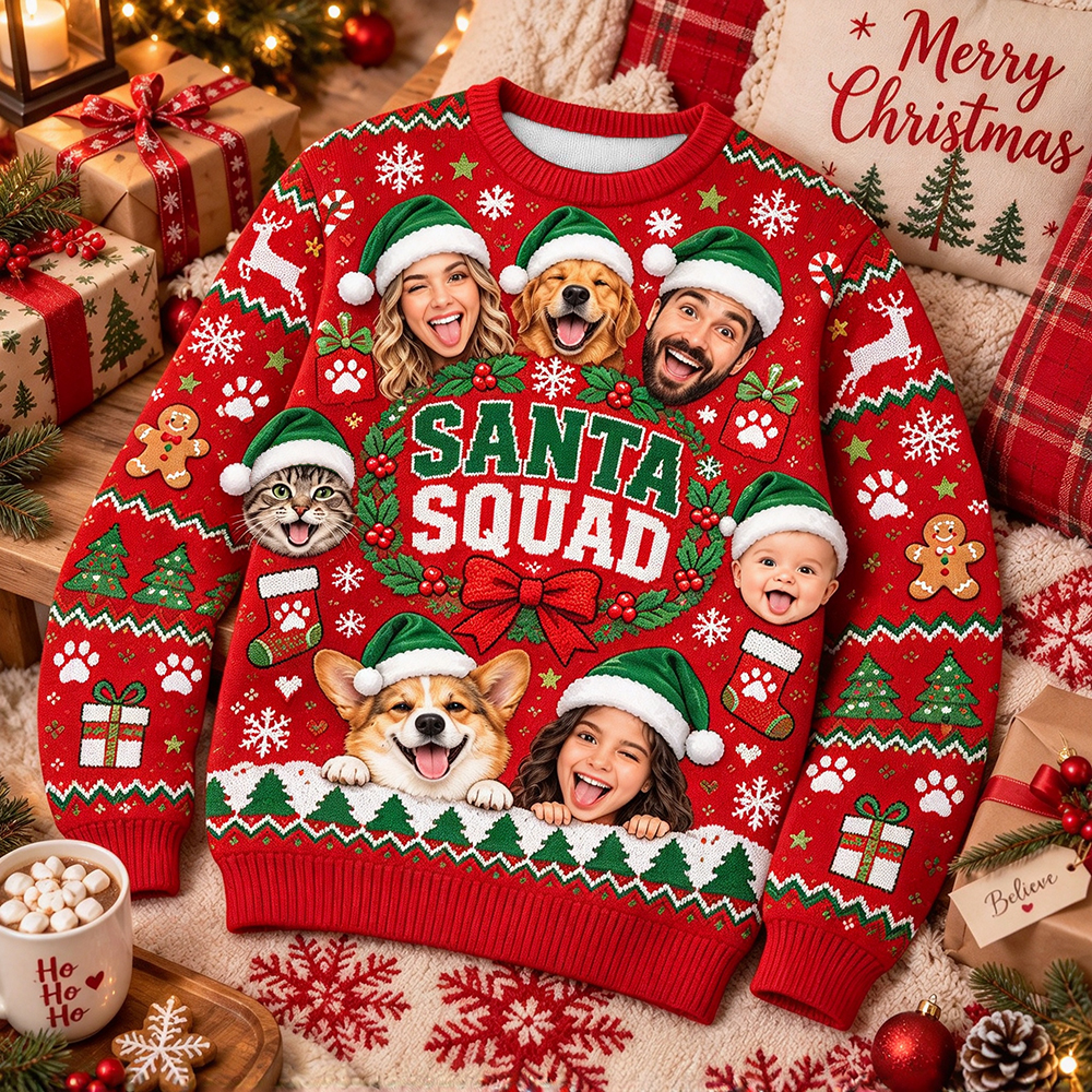 Personalized Funny Santa Squad Family Photo Sweater | MCCL05