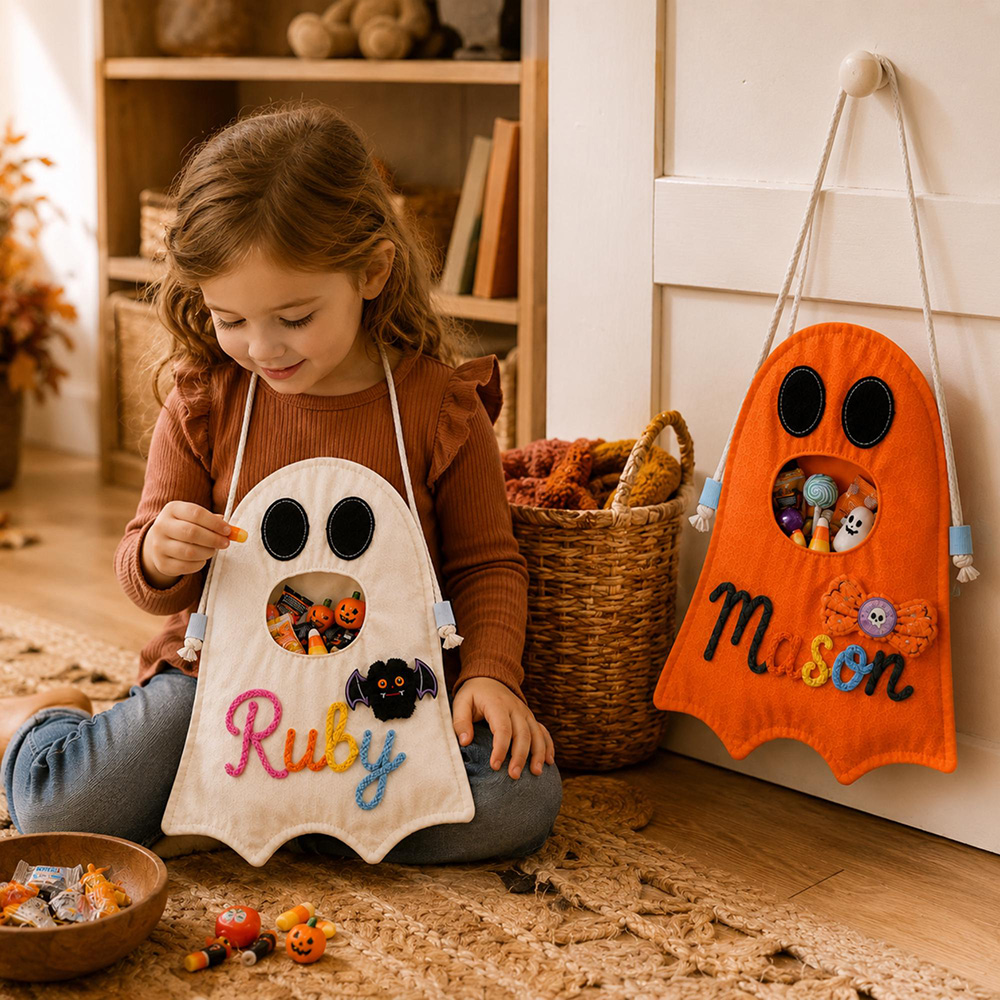 Personalized Hand Embroidery Ghost Drawstring Trick Or Treat Bag | MNHalloween18